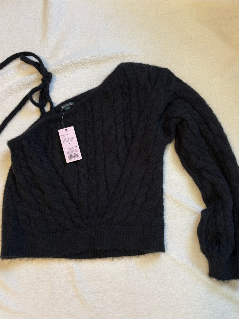 wild fable Black Off-the-Shoulder Cable Knit Sweater with Tie